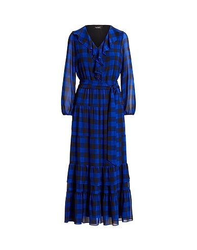 LAUREN RALPH LAUREN Long dress  BUFFALO CHECK BELTED GEORGETTE DRESS 
 Blue 100% Recycled polyester