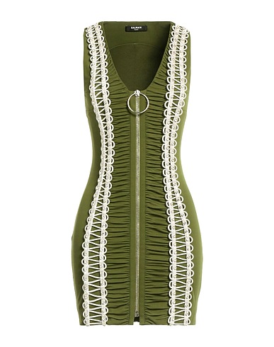 BALMAIN Sheath dress Military green 95% Viscose, 5% Elastane, Copper, Glass, Brass