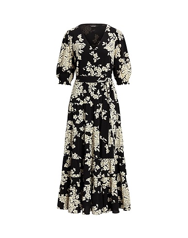 LAUREN RALPH LAUREN Long dress FLORAL BELTED BUBBLE CREPE DRESS
 Black 97% Recycled polyester, 3% Elastane