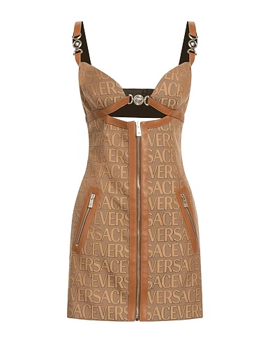 VERSACE Sheath dress Khaki 60% Polyester, 40% Cotton, Lambskin