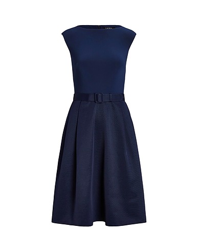 LAUREN RALPH LAUREN ひざ丈ワンピース BELTED FAILLE & JERSEY COCKTAIL DRESS
 ネイビー ポリエステル 100%