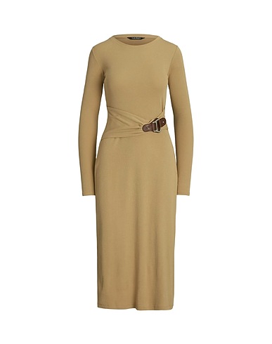 LAUREN RALPH LAUREN Robe fourreau BUCKLE-TRIM COTTON-BLEND KNIT MIDI DRESS
 Beige 58% Coton, 39% Modal, 3% Élasthanne