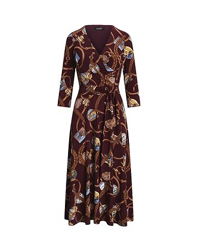 LAUREN RALPH LAUREN Платье миди Belting-Print Surplice Jersey Dress
 Бордовый 95% Переработанный полиэстер, 5% Эластан