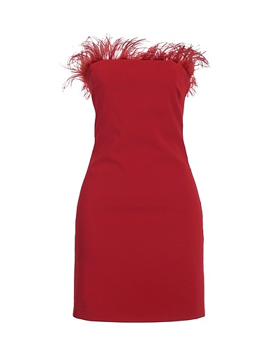 PATRIZIA PEPE SERA Elegantes Kleid Ziegelrot 97% Polyester, 3% Elastan, Polyamid, Straussenfedern