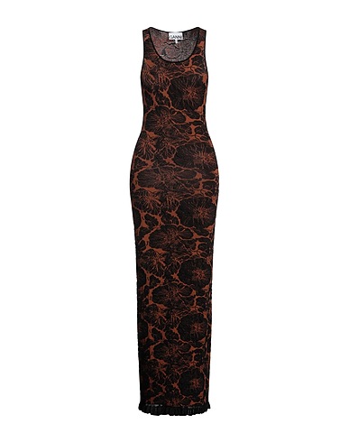 GANNI Long dress Brown 64% Viscose, 28% Cotton, 8% Polyester