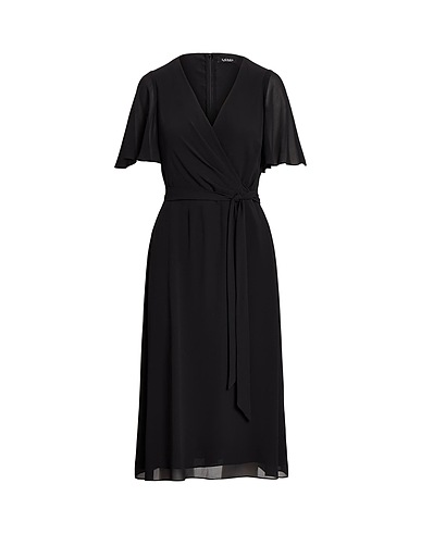 LAUREN RALPH LAUREN Midi dress BELTED GEORGETTE DRESS
 Black 100% Recycled polyester