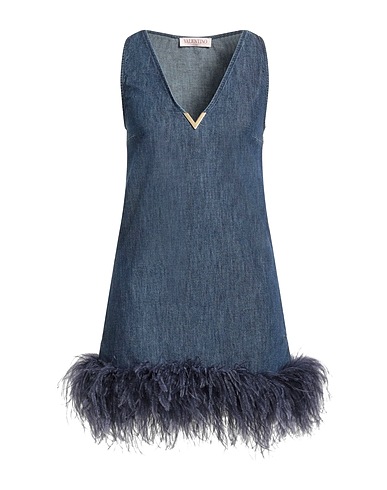 VALENTINO GARAVANI Jeanskleid Blau 100% Baumwolle, Straussenfedern