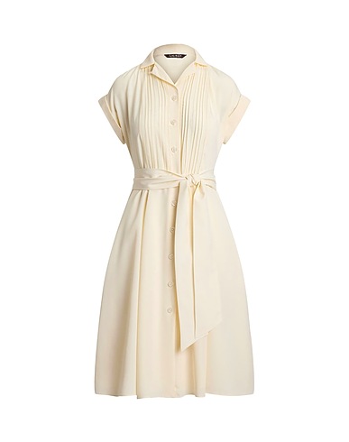 POLO RALPH LAUREN Midi dress BELTED CREPE PINTUCKED SHIRTDRESS
 Cream 100% Recycled polyester