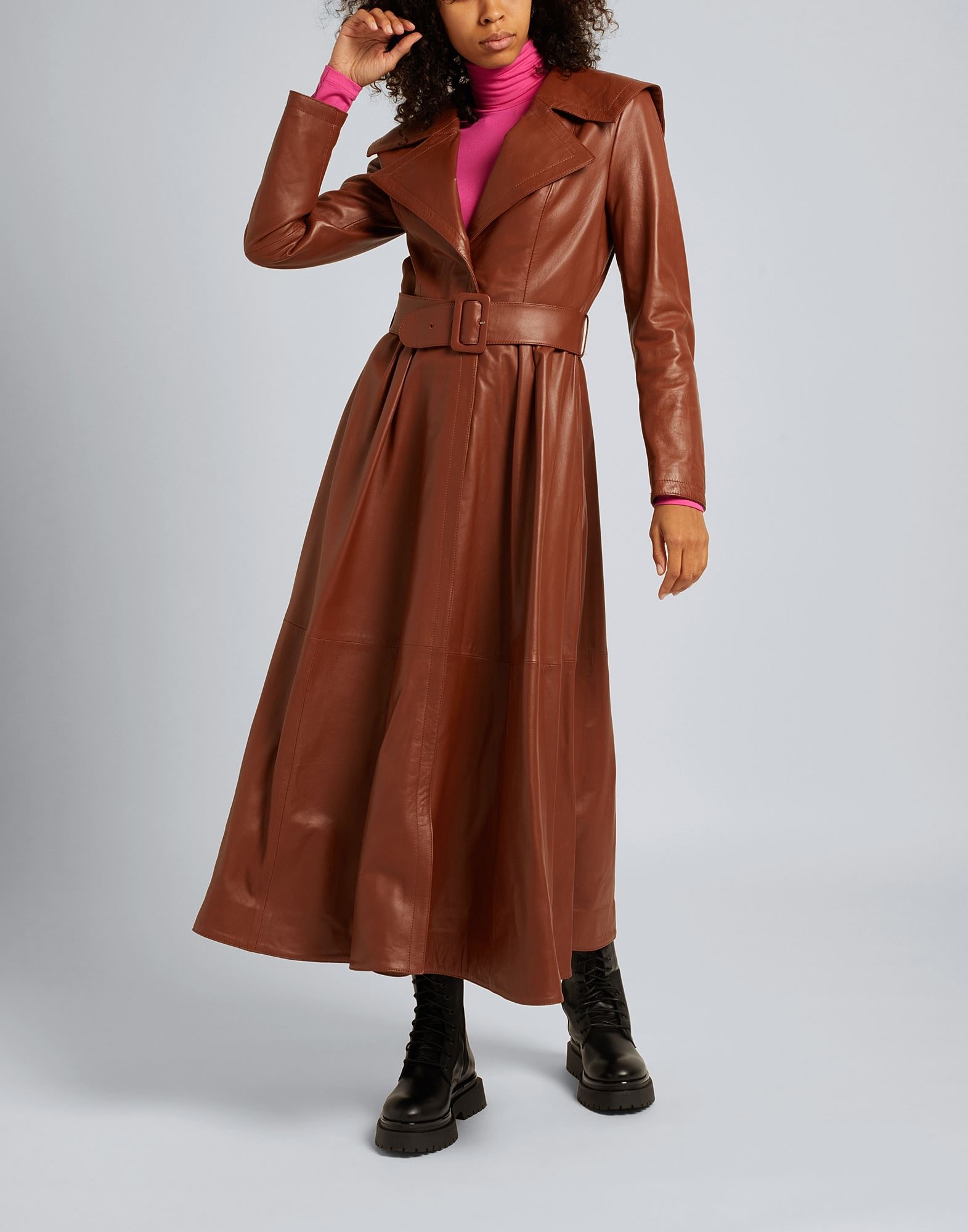 LEATHER FULL-SKIRT TRENCH COAT | レザーブルゾン ブラウン