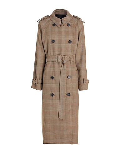 8 by YOOX Double breasted pea coat CHECK TRENCH COAT W/ PLEATED BACK Khaki 97% Polyester, 3% Elastane