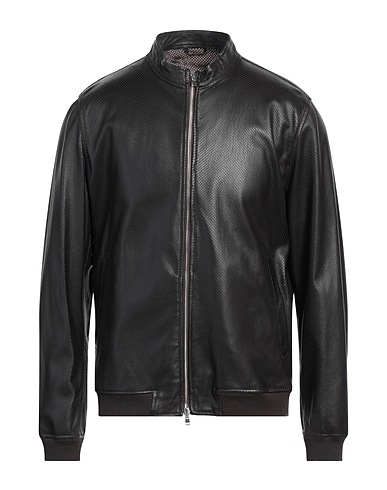 RICHARD OWE'N Biker jacket Dark brown Soft Leather, Polyester, Cotton