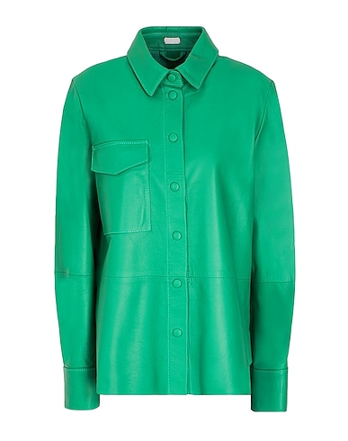8 by YOOX Solid color shirts & blouses LEATHER L/SLEEVE OVERSHIRT Green 100% Lambskin