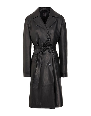 8 by YOOX Double breasted pea coat LEATHER DB BELTED TRENCH COAT
 Black 100% Lambskin