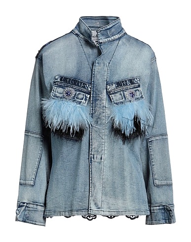 NO SECRETS Denim jacket Blue 70% Cotton, 28% Polyester, 2% Elastane, Feathers