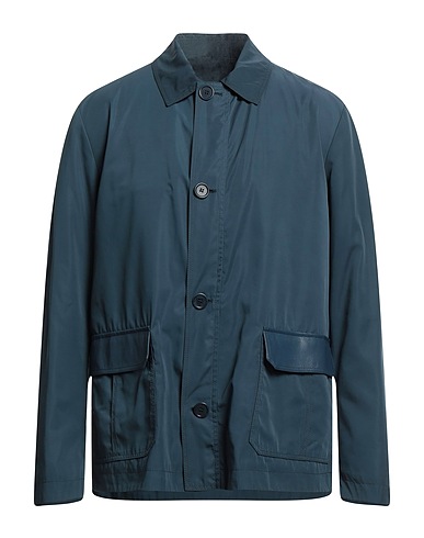 TESTONI Jacket Slate blue 100% Polyester, Ovine leather