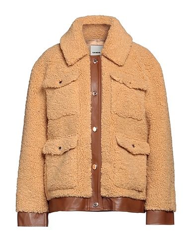 SANDRO Teddy Coat Camel 100% Polyester, Lambskin