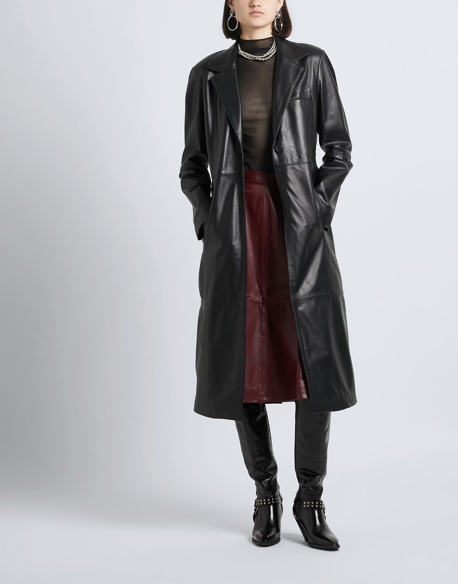 LEATHER SINGLE-BREASTED MAXI COAT | Black Women's Leather Jacket