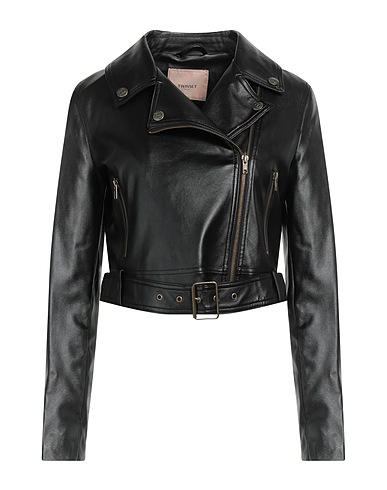 TWINSET Biker jacket Black 51% Viscose, 49% Polyester, Polyurethane coated