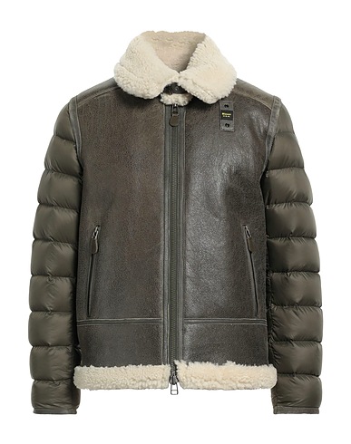 BLAUER. Shell jacket Military green 100% Leather, Polyamide