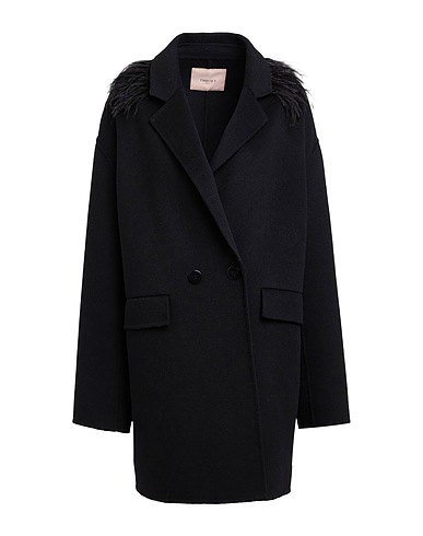 TWINSET Mantel Schwarz 50% Polyester, 50% Wolle, Straussenfedern