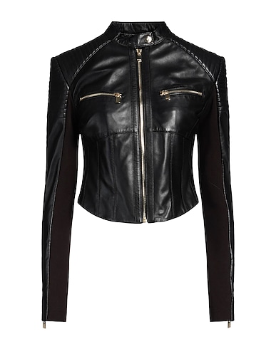 PINKO Biker jacket Black 100% Sheepskin, Viscose, Polyamide, Elastane