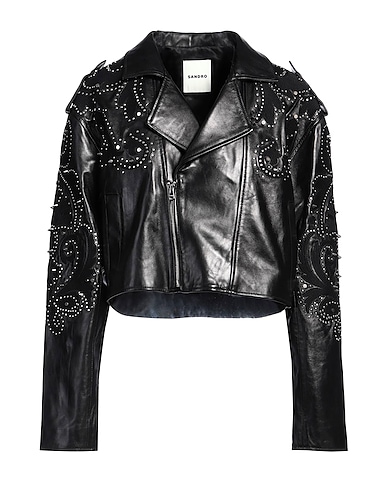 SANDRO Biker jacket Black 100% Lambskin, Copper, Zamak, Polyester