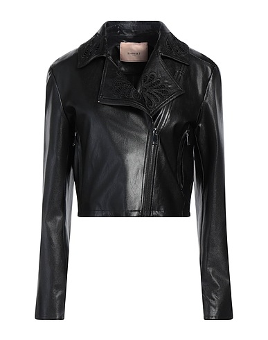 TWINSET Biker jacket Black 100% Viscose, Polyester, Polyurethane
