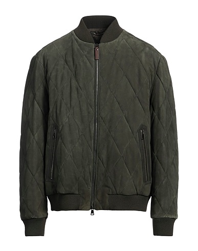 CANALI Giubbotto Pelle Verde scuro 100% Pelle di agnello, Lana, Acrilico, Poliammide, Elastan