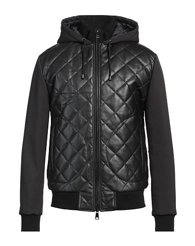 GREY DANIELE ALESSANDRINI Leather jacket Black 100% Ovine leather, Polyester, Elastane