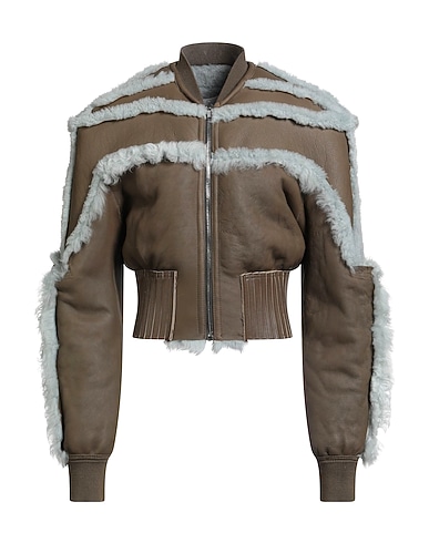 RICK OWENS Giubbotto Pelle Khaki 100% Pelle di agnello, Lana Vergine, Pelle di bovino