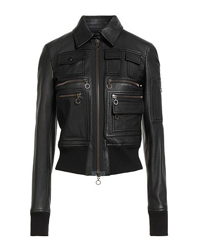 TOD'S Biker jacket Black 100% Lambskin, Acrylic, Wool, Polyamide, Elastane
