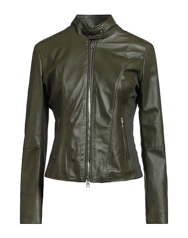 STREET LEATHERS Biker jacket Dark green 100% Leather, Viscose, Nylon, Elastane