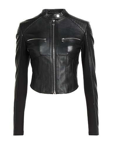 PINKO Biker jacket Black 100% Sheepskin, Viscose, Polyamide, Elastane