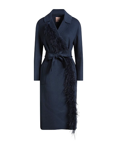 TWINSET Coat Navy blue 50% Polyester, 50% Wool, Ostrich feathers