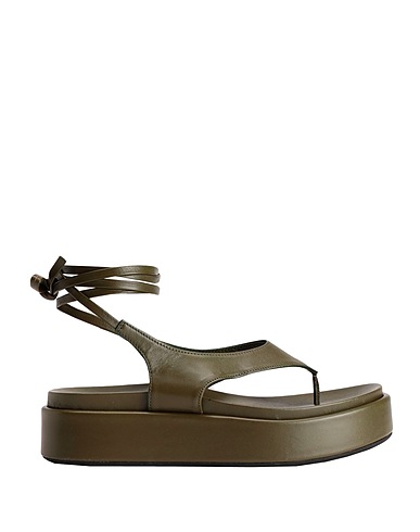 8 by YOOX Flip flops LEATHER LACE-UP THONG FLATFORM WEDGE
 Military green 100% Ovine leather