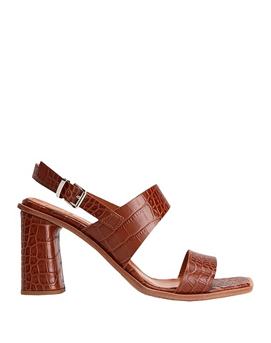 8 by YOOX Sandals PRINTED CROC LEATHER SQUARE TOE SANDAL
 Brown 100% Calfskin