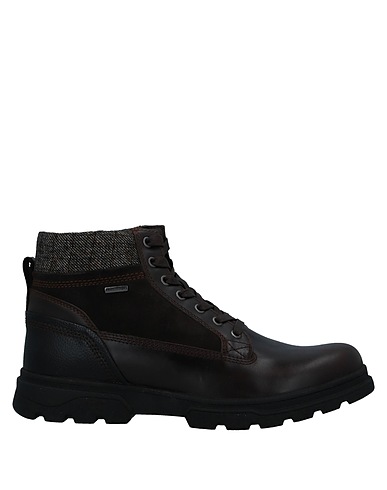 GEOX Ankle boot Dark brown Leather, Textile fibers