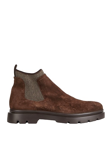BOSTON Ankle boot Dark brown Leather, Textile fibres