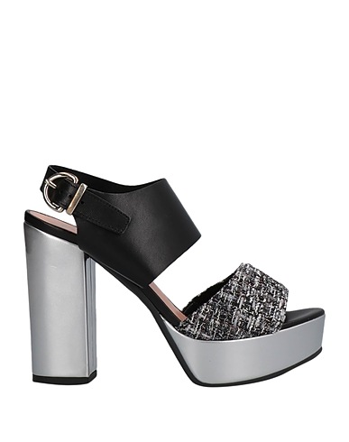 POLLINI Sandals Black Soft Leather, Textile fibres