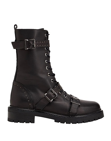 8 by YOOX Ankle boot LEATHER LACE UP MIDI BOOTS WITH BUCKLES Black 100% Calfskin