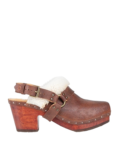 RUST MOOD Mules and clogs Chocolate brown Soft Leather, Textile fibres, Wood