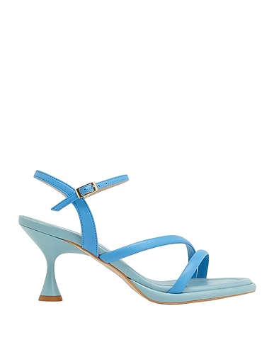 8 by YOOX Sandals LEATHER MID-HEEL SANDALS
 Azure 100% Calfskin