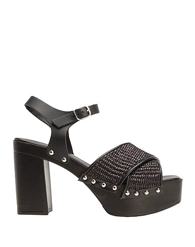 8 by YOOX Sandals CANVAS PLATFORM SANDALS Black Natural raffia, Soft Leather