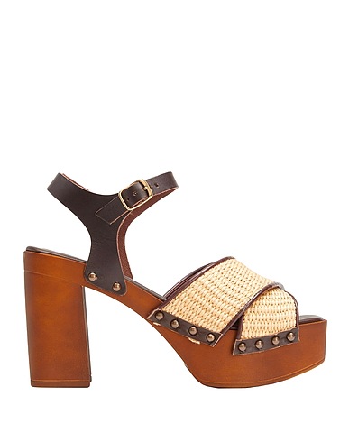 8 by YOOX Sandals CANVAS PLATFORM SANDALS Beige Natural raffia, Soft Leather