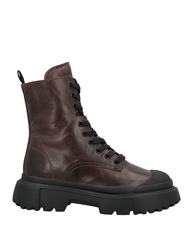 HOGAN Ankle boot Dark brown Leather, Textile fibers