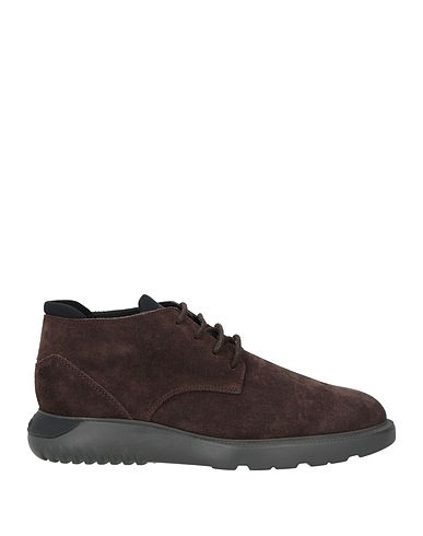 HOGAN Ankle boot Dark brown Soft Leather, Textile fibres