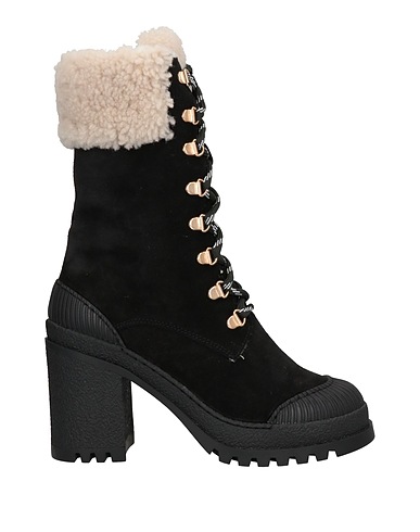 POLLINI Ankle boot Black Leather, Textile fibres