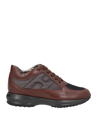 HOGAN Sneakers Dark brown Soft Leather, Textile fibers