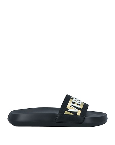 VERSACE Sandals Black Leather, Textile fibres