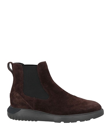 HOGAN Ankle boot Dark brown Leather, Textile fibers